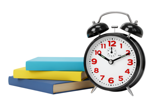 classic black twin bell alarm clock with a white dial and red numbers next to colorful books on a