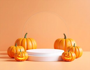 Halloween theme product display podium with glowing jack-o'-lanterns and pumpkins on a warm orange background, 3D rendering concept