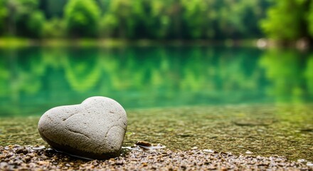 Heart-shaped stone on pebble beach against serene lake backdrop with green forest reflections