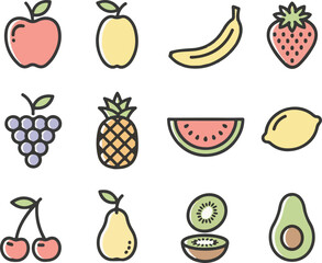 Colorful Fruit Icons: Vector Illustration Set