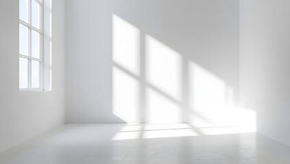 Fototapeta premium Brightly lit empty white room with geometric sunlight patterns cast by a large window creating a clean and minimalist aesthetic