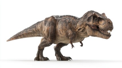 Tyrannosaurus Rex poised and ready, showcasing its massive size, powerful jaws, and sharp teeth against a neutral background.