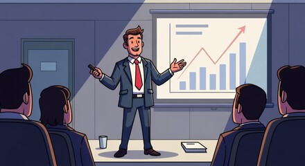 Businessman Giving Business Presentation with Growth Chart to Audience in Conference Room
