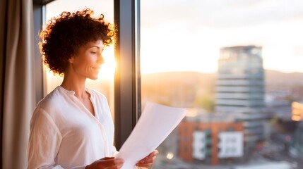Woman standing by a window and looking at documents. A happy female in her new house, preparing to move or relocate.