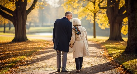 Fototapeta premium Rear view of a loving senior couple walking hand in hand through a golden autumn park, embodying lifelong companionship