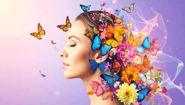 Serene Woman with Butterfly and Flower Crown on Purple Background