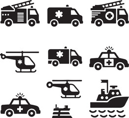 Black and white vector icons of emergency vehicles and aircraft