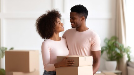 African american woman and man smiling while holding moving boxes. Happy couple relocating to new home. Real estate and property concept.
