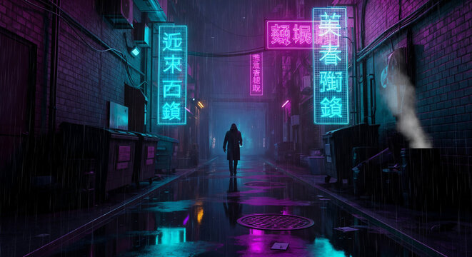 Cyberpunk alleyway rain neon lights futuristic city street dark figure walking - Powered by Adobe
