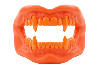Close-up illustration of a vampire-like mouth with sharp fangs and pointed teeth in vivid orange