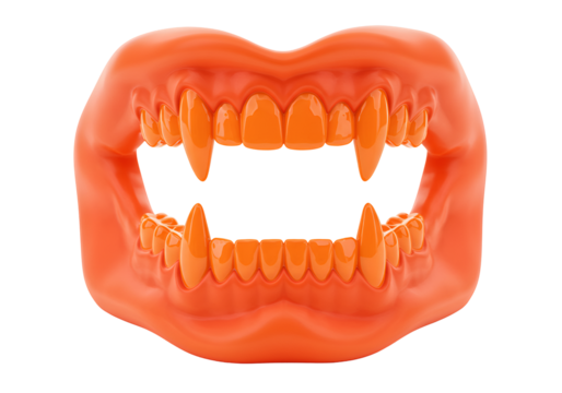 Close-up illustration of a vampire-like mouth with sharp fangs and pointed teeth in vivid orange - Powered by Adobe