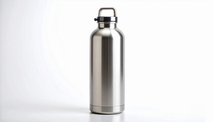 Minimalist isolated shot of a reusable stainless steel water bottle, pure white background, eco-friendly lifestyle product