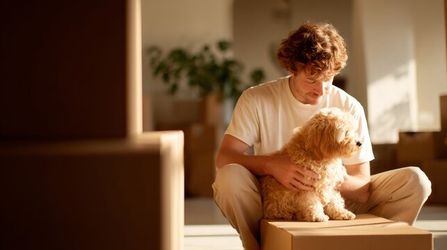 A man with curly red hair sits on a moving box and gently pets his small fluffy dog in their new house.