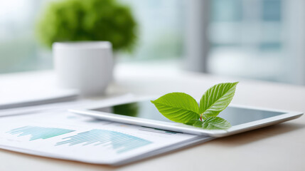 Hopeful green technology and sustainable business growth concept for esg investing with fresh leaf on tablet screen representing clean future