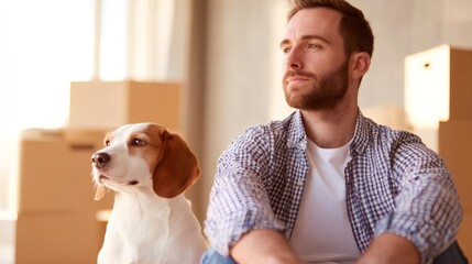 Caucasian man and dog in new house. New apartment with cardboard boxes. Moving day concept with pet. Relocation process.