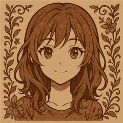 Detailed illustration of a young woman with wavy hair surrounded by floral patterns on a textured background