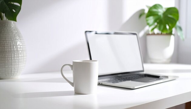 Workspace Setup with Coffee Mug and Laptop