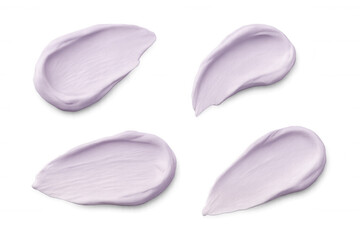 Four smears of purple cosmetic cream on a transparent background, perfect for beauty and skincare projects