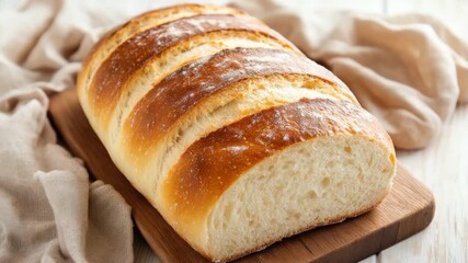 Freshly baked homemade bread with golden crust on wooden board - Powered by Adobe