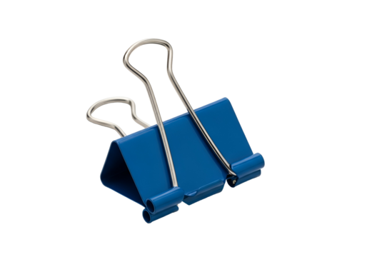 Close-up of a blue binder clip holding a stack of documents or papers with a black background