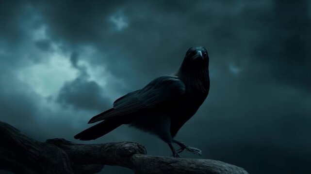 A dark crow perched on a branch against a stormy sky at night with glowing red eyes looking forward bird video