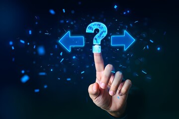 Man hand with Question mark and left and right arrows, Difficult decision and doubt concept. Right or left Decide Which Way To Go