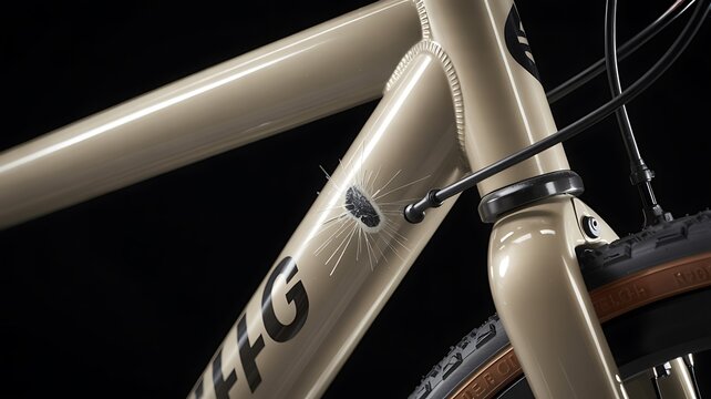 A close up of a bicycle frame with a damaged area and visible tire and cable details on black background silhouette