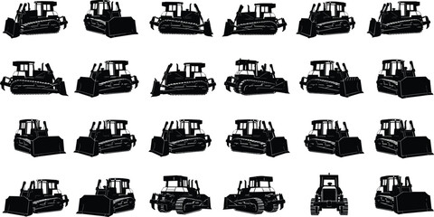 Naklejka premium Bulldozer silhouette vector set, construction vehicle icons, multiple angles, heavy equipment illustration, industrial machinery shapes, black minimal design