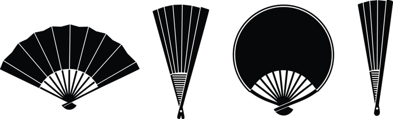 Traditional hand fan silhouette set, folding and round styles, East Asian design, black vector icons, cultural accessory illustration pack