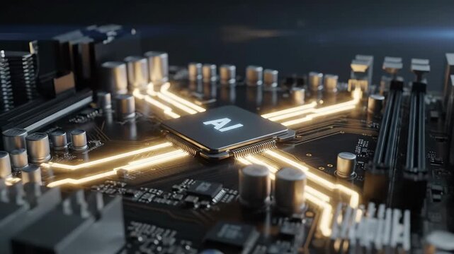 Artificial Intelligence Microchip on Circuit Board Closeup