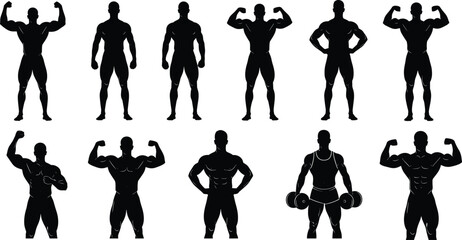 Muscular male silhouette vector set, bodybuilding poses, flexing arms, fitness icons, gym workout illustration, anatomy reference shapes