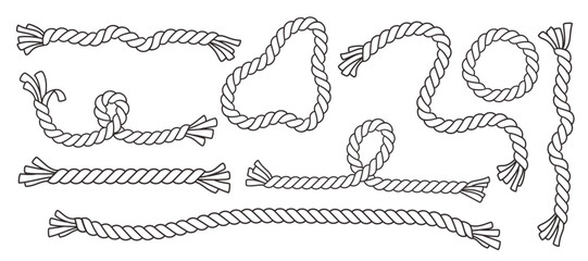 Rope set. Hand drawn doodle ropes isolated in various shapes, nautical cords. Rope circle border. Marine and climbing Cords templates. Vector illustration for decoration, crafts, sailing