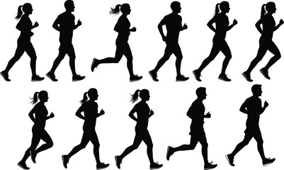 Running silhouette set, male and female runners, dynamic motion poses, athletic stride stages, sports vector, human movement, fitness, animation reference
