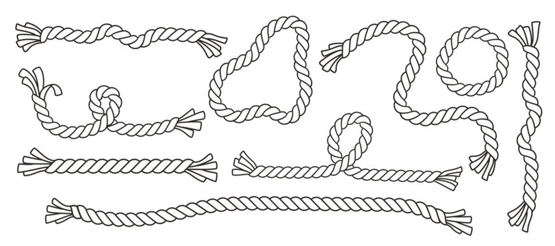 Rope set. Hand drawn doodle ropes isolated in various shapes, nautical cords. Rope circle border. Marine and climbing Cords templates. Vector illustration for decoration, crafts, sailing