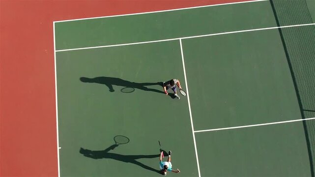 After ball toss diverse male players practicing forehands before exchanging volleys at net on court