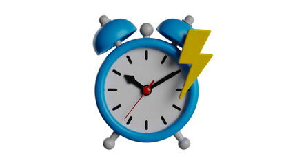 3D cartoon alarm clock, bright blue frame, white face, detailed rendering