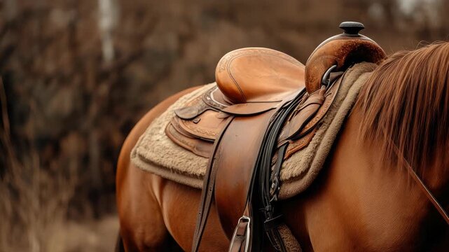 Close-up of brown horse with leather saddle in outdoor setting