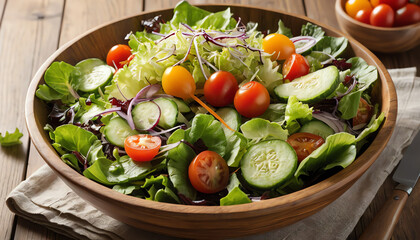 Fresh garden salad in wooden bowl, vibrant vegetables, healthy eating.