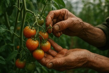 Farmer's hands carefully harvesting heirloom cherry tomatoes glistening with morning dew in organic greenhouse