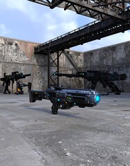 Fototapeta premium Futuristic weapons in a gritty industrial setting