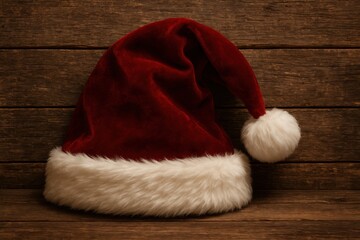 Festive red velvet Santa hat with white fur trim displayed on rustic wooden background