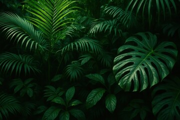 Fototapeta premium Lush tropical paradise featuring exotic palm fronds and monstera leaves in emerald rainforest setting