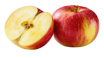 Whole Apple and Neatly Cut Half Apple on Transparent Background