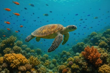 Obraz premium Majestic sea turtle gracefully swimming among vibrant coral reef with tropical fish in crystal-clear waters