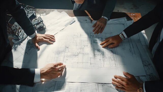 Business team analyzing architectural blueprints on a table