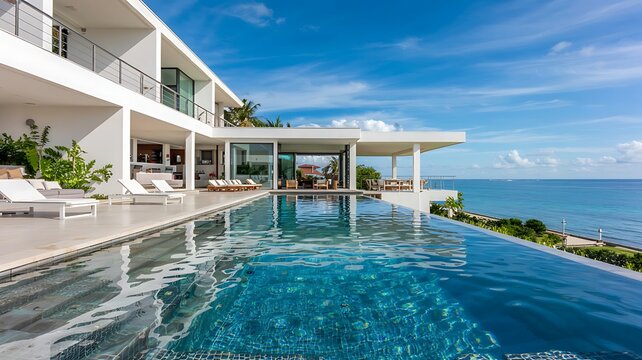 Luxurious modern white villa with an infinity pool overlooking a turquoise ocean and clear blue sky on a sunny day