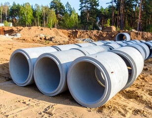 Concrete drainage pipes on a construction site