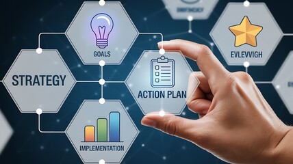 Hand touching a digital interface showing a business strategy with action plan goals and growth chart icons on a dark background