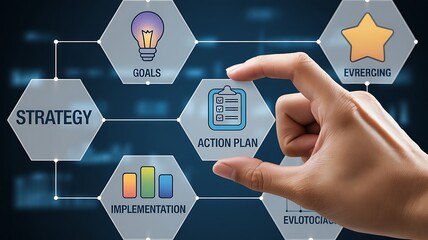 Hand connecting hexagonal icons representing business strategy goals leadership and results in a digital network