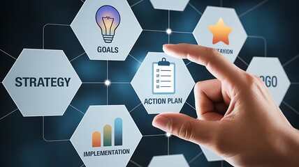 Human finger touching a hexagonal infographic element representing business strategy and goals with icons for ideas progress and success
